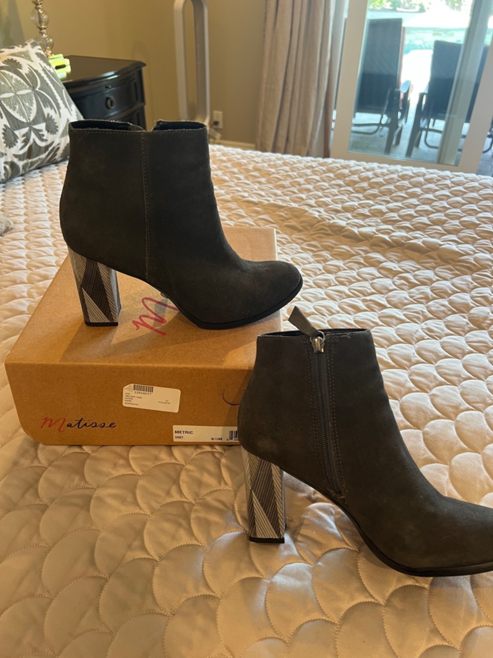 Matisse Charcoal Gray Suede Ankle Boots with Patterned Block Heel